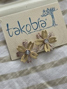 Gold & Rose Floral Crystal Stud Earrings